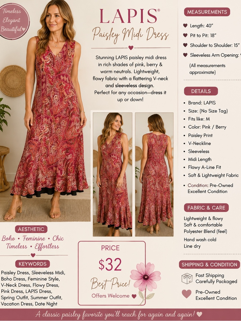 Lapis Pink Paisley V-Neck Tank Dress
